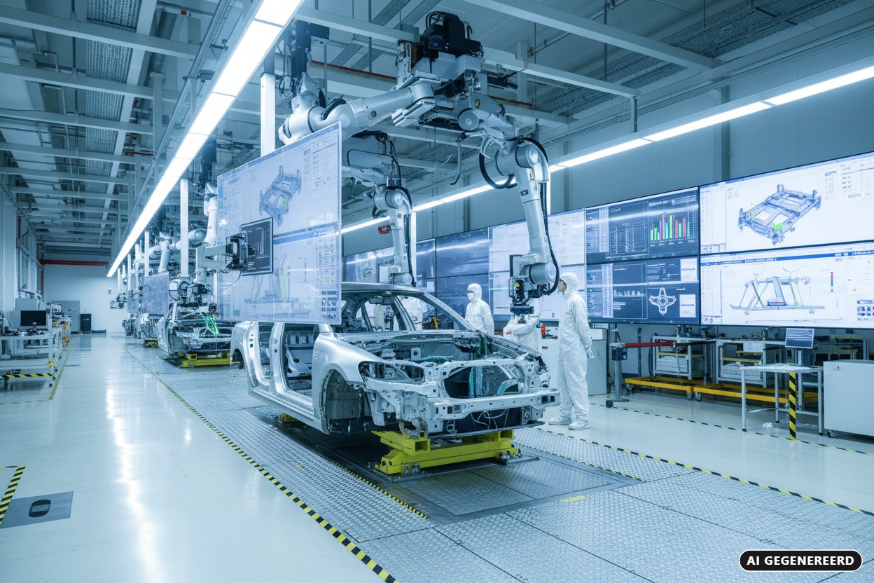 AI gegenereerd: Geautomatiseerde robotarmen werken aan een onafgewerkt autocarrosserie in een moderne fabriekshal met grote digitale schermen op de achtergrond.